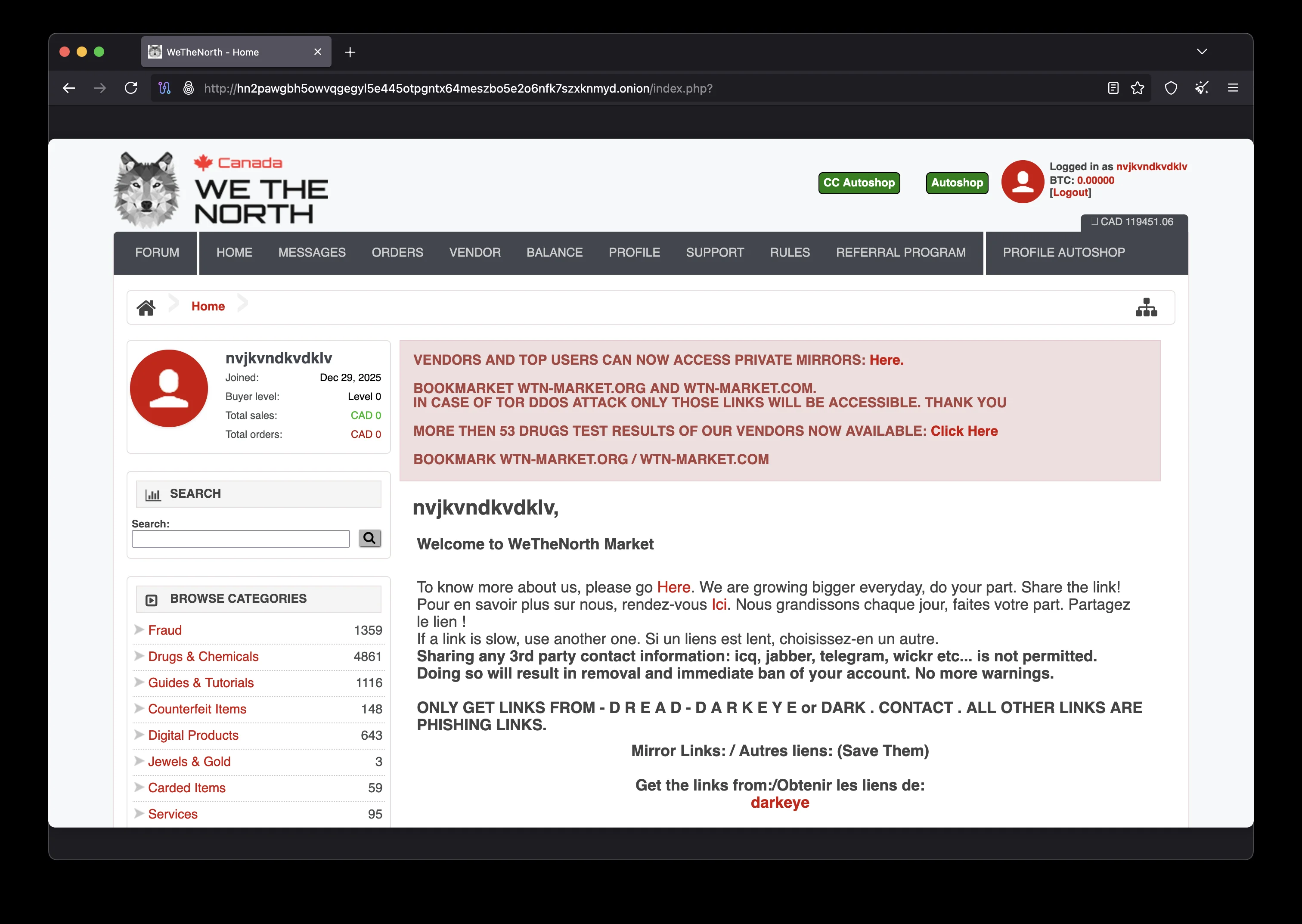 WeTheNorth Market homepage interface showing the 2026 marketplace layout with listings and navigation