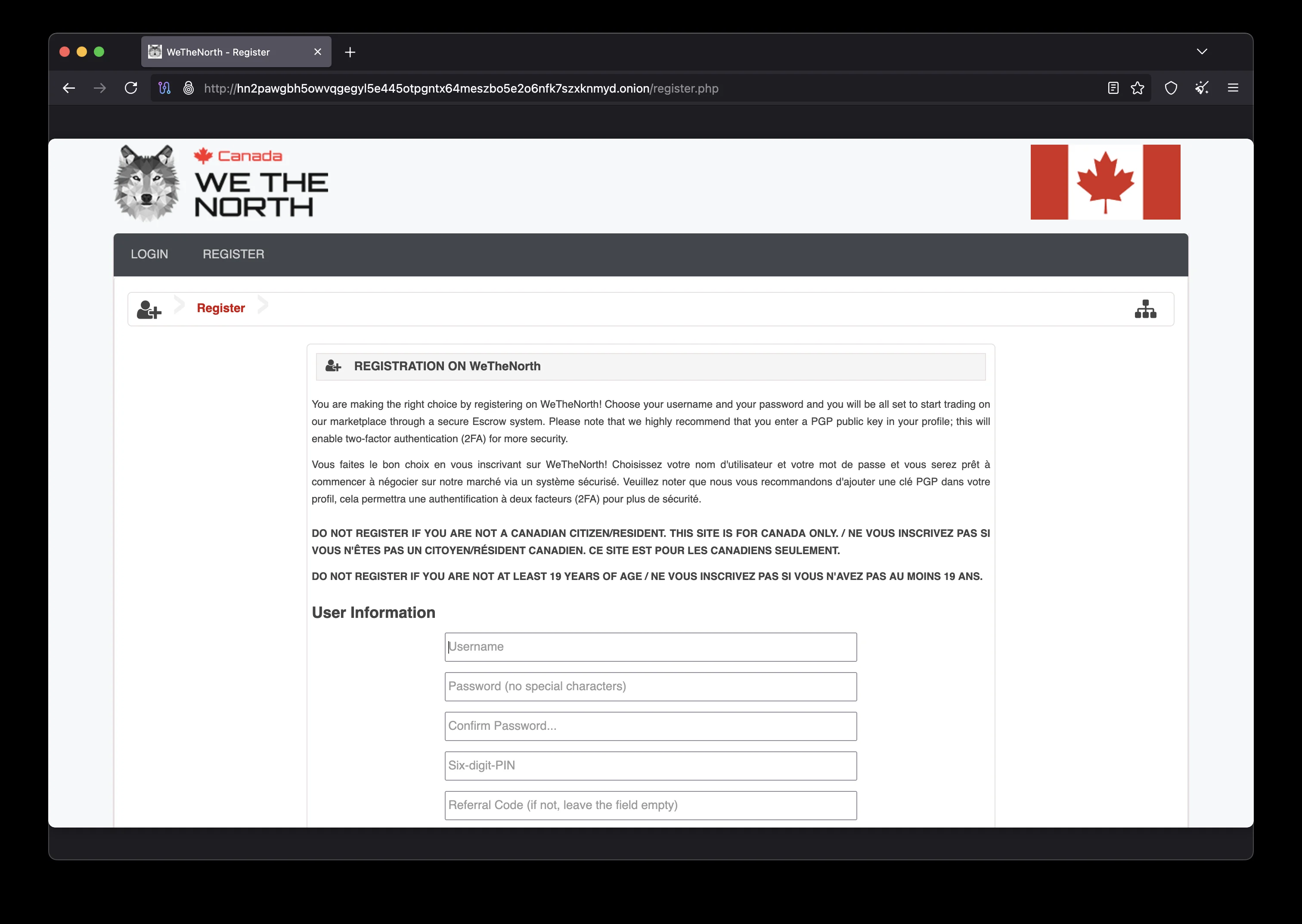 WeTheNorth Market registration form showing account creation process with PGP key upload