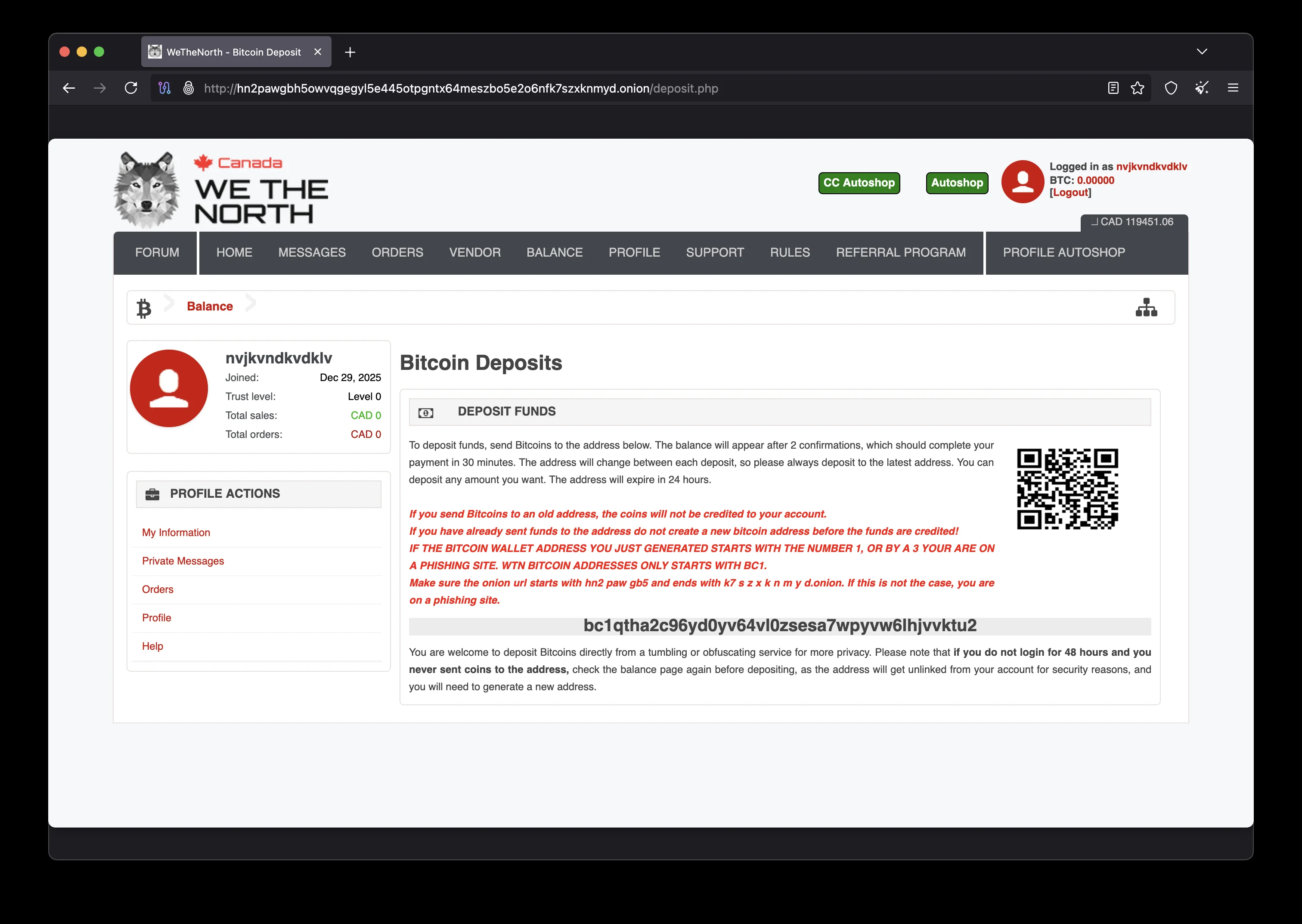 WeTheNorth Market wallet balance page showing Bitcoin and Monero balance, deposit address and withdrawal history